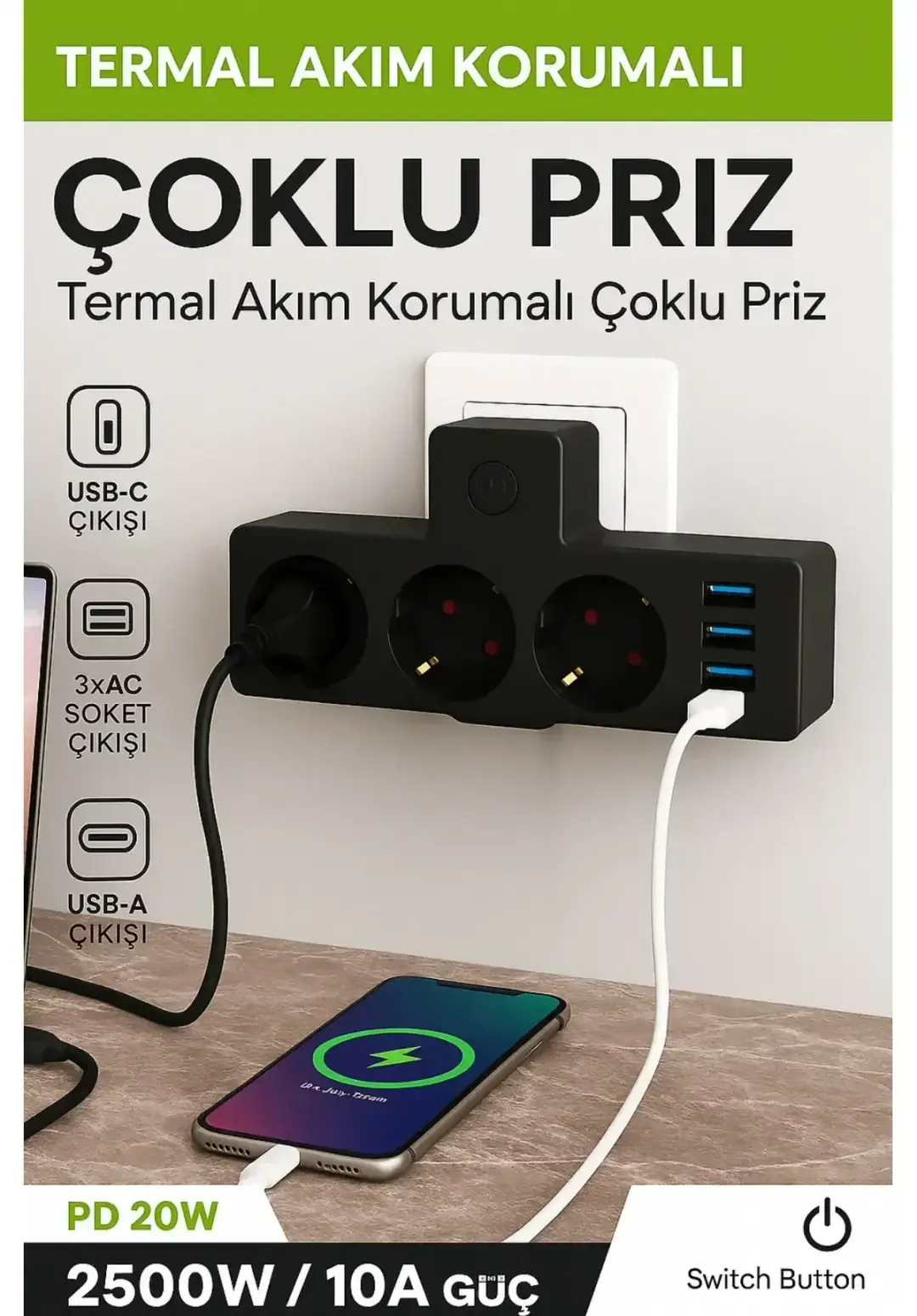 OLGUN BLİC AKIM KORUMALI 3LÜ USB-TYPC PRİZ FTR12