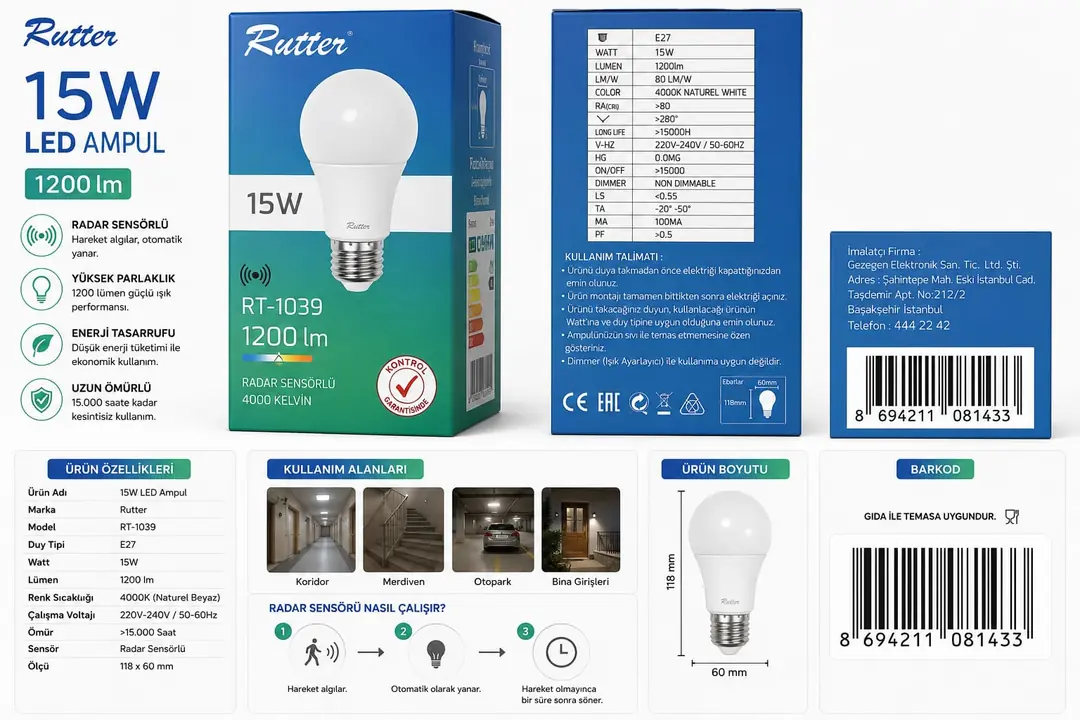 OLGUN RUTTER RADAR SENSÖRLÜ LED LAMBA 15W