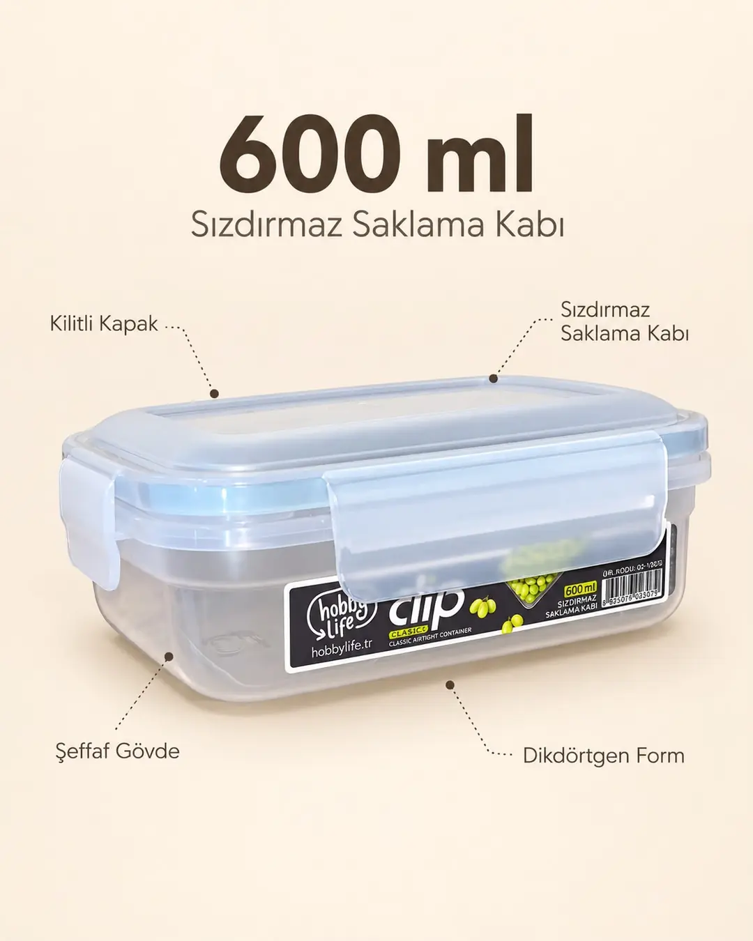 HOBBY LİFE CLİP KLASİK SIZDIRMAZ SAKLAMA SIĞ 600ML 02 1901