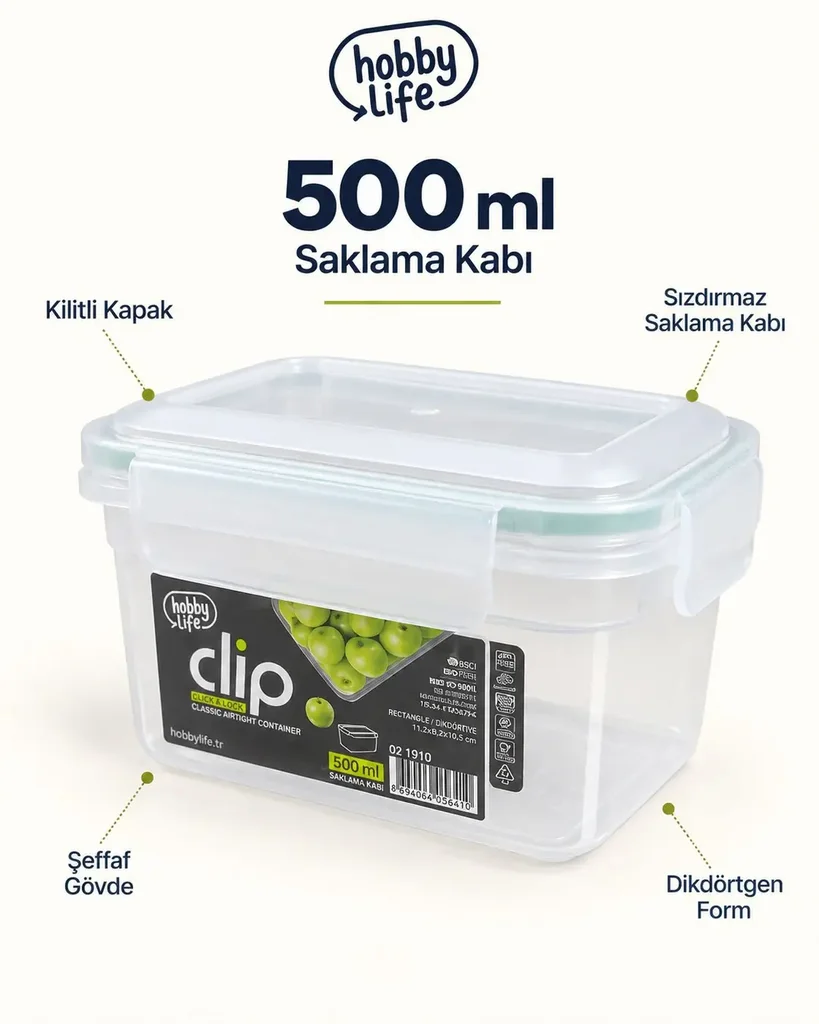 HOBBY LİFE CLİP KLASİK SIZDIRMAZ SAKLAMA 500ML 02 1910