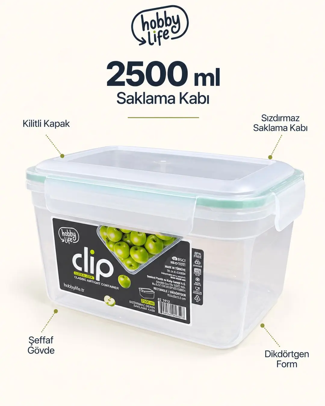 HOBBY LİFE CLİP KLASİK SIZDIRMAZ SAKLAMA 2500ML 02 1912